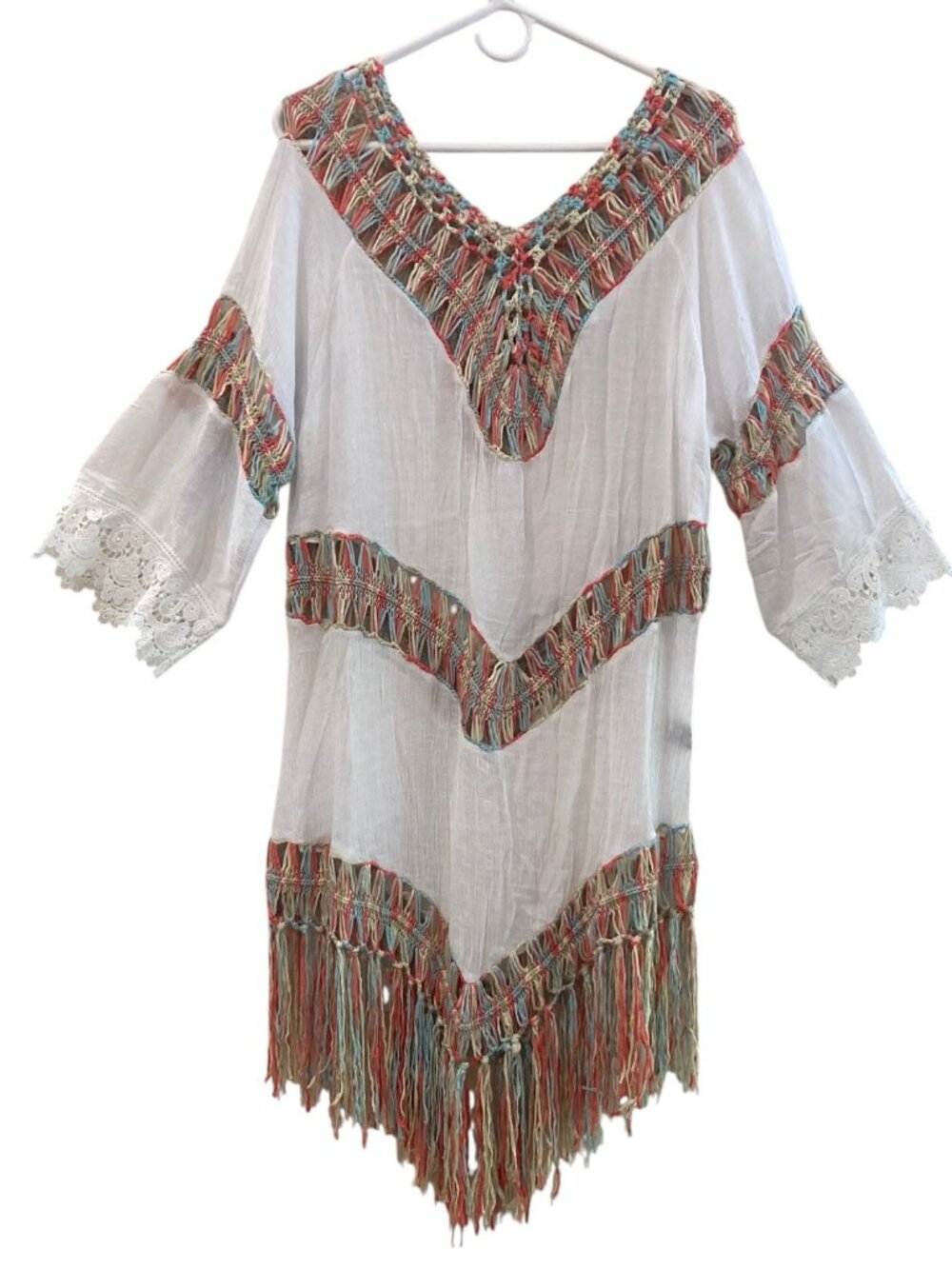 Women's SHEIN Crochet Trim Fringe Swim Cover-Up Dress WHITE Size Large